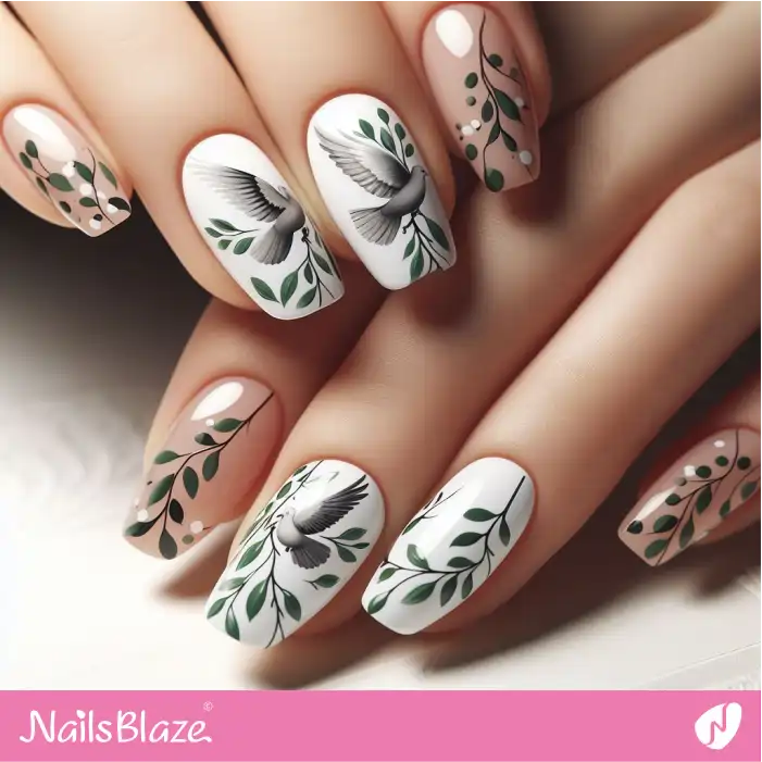Peace Dove and Olive Branches Nail Art | Nature-inspired Nails - NB1634